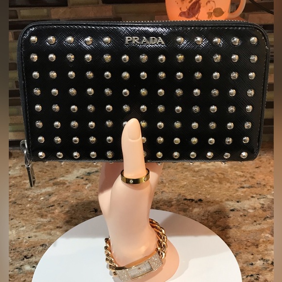 PRADA Vernice Studded Saffiano Leather Zip Around Wallet π€©π₯ - Picture 10 of 17